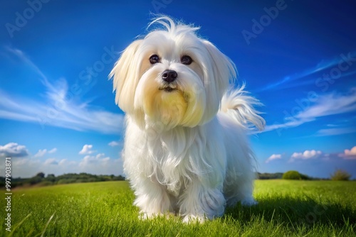 Elegant Maltese Black Dog Standing Proudly on a Green Grass Field with Clear Blue Sky Background