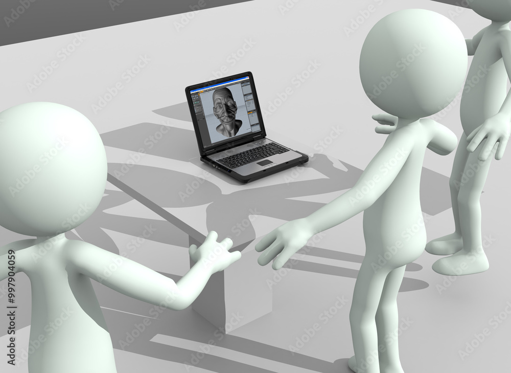 Drei Männer stehen um einen Computer Drei Männer stehen um einen Computer