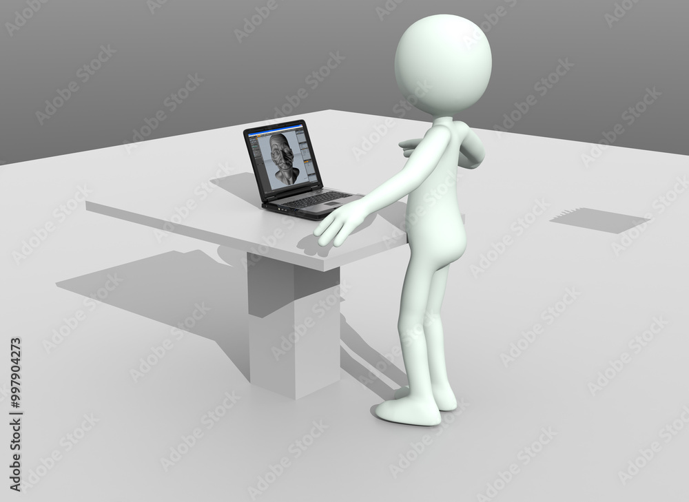 Mann steht vor einem Laptop, cgi Mann steht vor einem Laptop, cgi