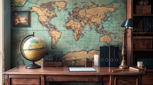 Home office with a vintage map theme, including a world map wall mural and a globe on the desk Adventurous and nostalgic