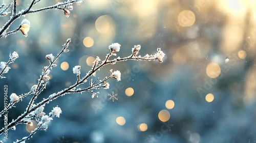 A frosted branch with delicate white flowers against a blurry background of bokeh lights and falling snow