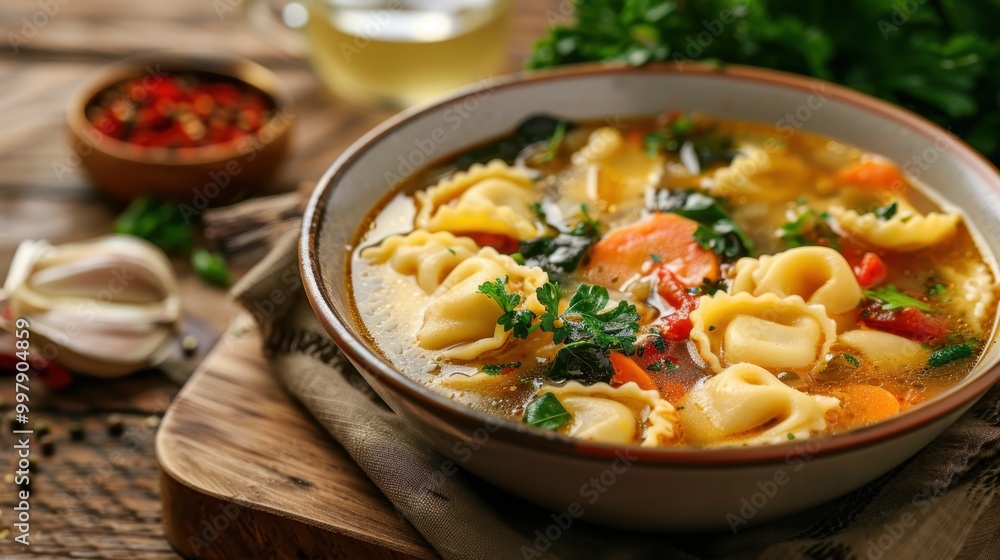 Italian Tortellini Soup in a Bowl with Fresh Basil. Veggie Tortellini Soup Italian Tortellini Soup in a Bowl with Fresh Basil. Veggie Tortellini Soup