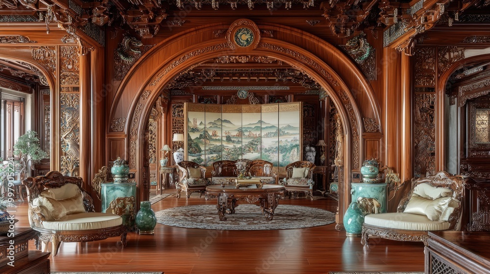 A luxurious Chinese living room featuring a grand wooden archway A luxurious Chinese living room featuring a grand wooden archway