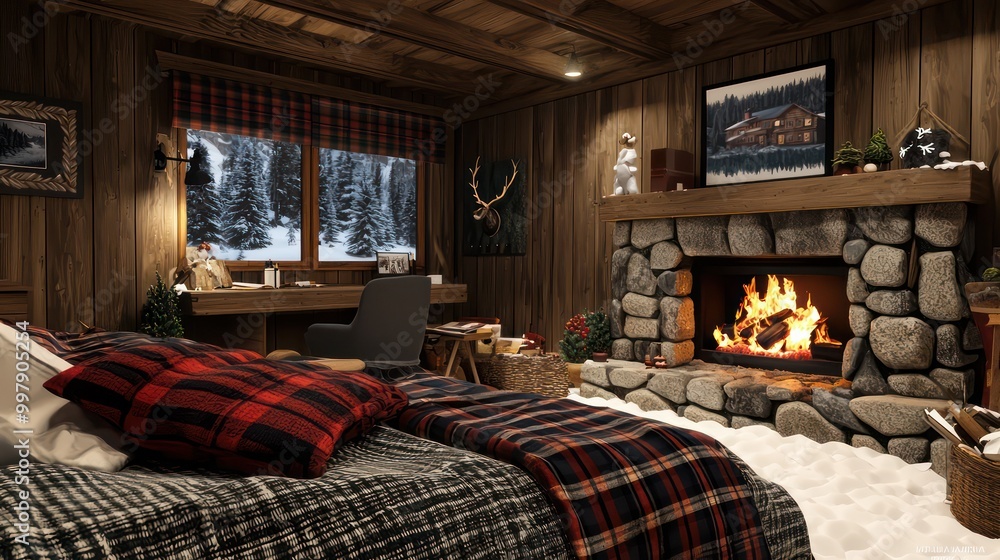 Home office with a winter cabin theme, featuring a stone fireplace, wood paneling, and cozy plaid blankets Warm and inviting Home office with a winter cabin theme, featuring a stone fireplace, wood paneling, and cozy plaid blankets Warm and inviting