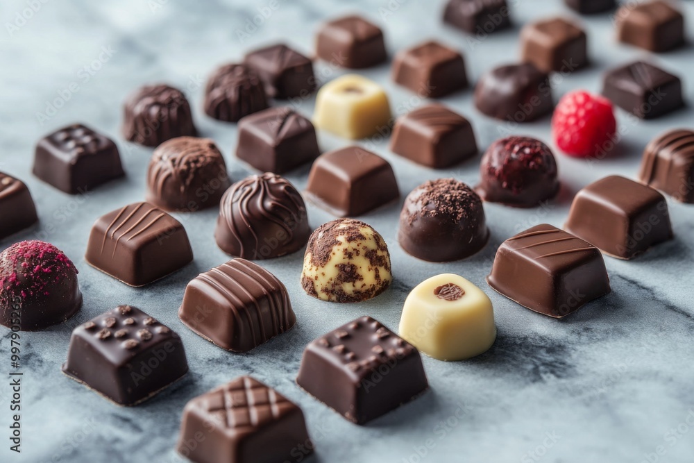 Assorted chocolate confections, pralines, truffles.  Various size and shaped chocolates, arranged on light surface.