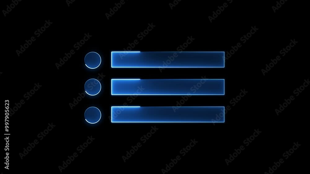 Neon menu button icon. Glowing neon line animation on black background. Neon menu button icon. Glowing neon line animation on black background.