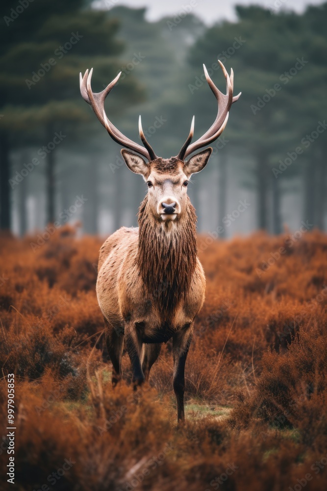 Obraz premium Majestic Red Deer Stag in Misty Forest at Sunrise