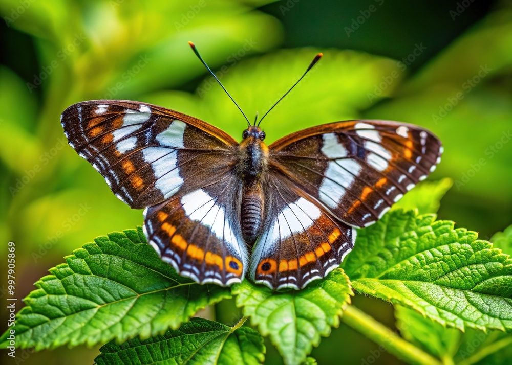 Elegant white admiral butterfly perched on a vibrant green leaf in a lush natural environment Elegant white admiral butterfly perched on a vibrant green leaf in a lush natural environment