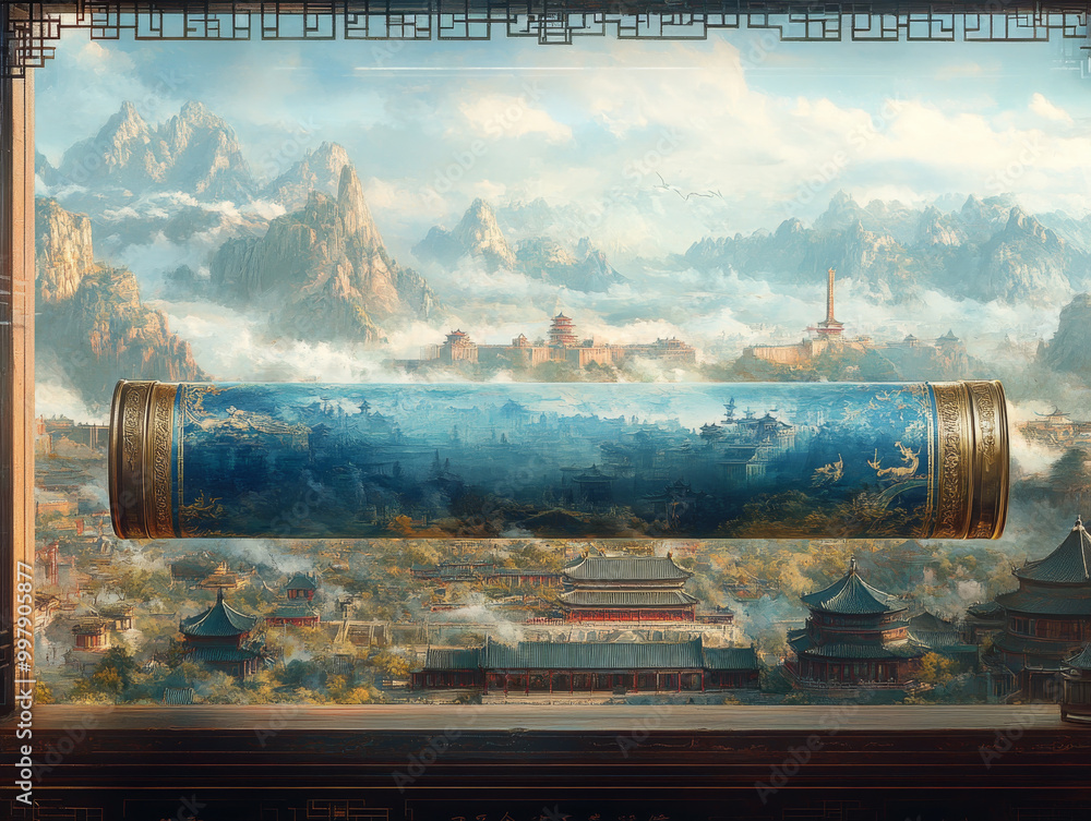 Fototapeta premium Chinese scrolls and landscape architecture