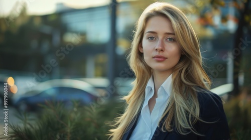 Confident Businesswoman in Urban Setting with Warm Backlight