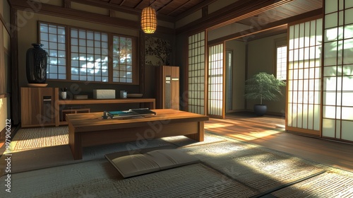 Wallpaper Mural Minimalist Japanese-inspired home office with a tatami mat, low wooden desk, and sliding shoji screens Peaceful and simple Torontodigital.ca