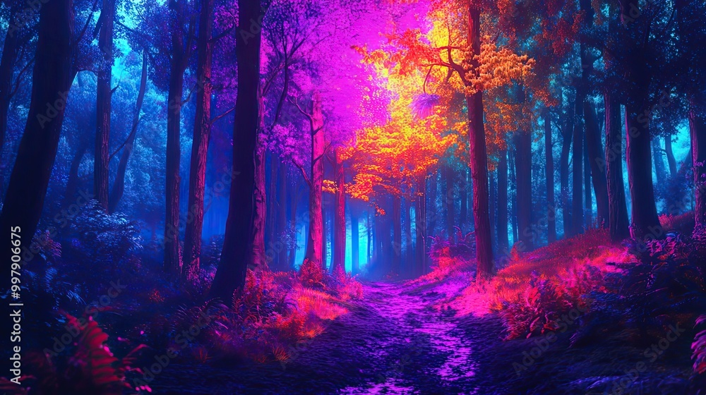 Ethereal Forest Path Lit by Purple and Orange Glow Ethereal Forest Path Lit by Purple and Orange Glow