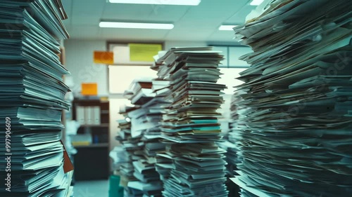 Tall stacks of paper documents line the shelves in an office, showing the overwhelming workload of a busy workday photo