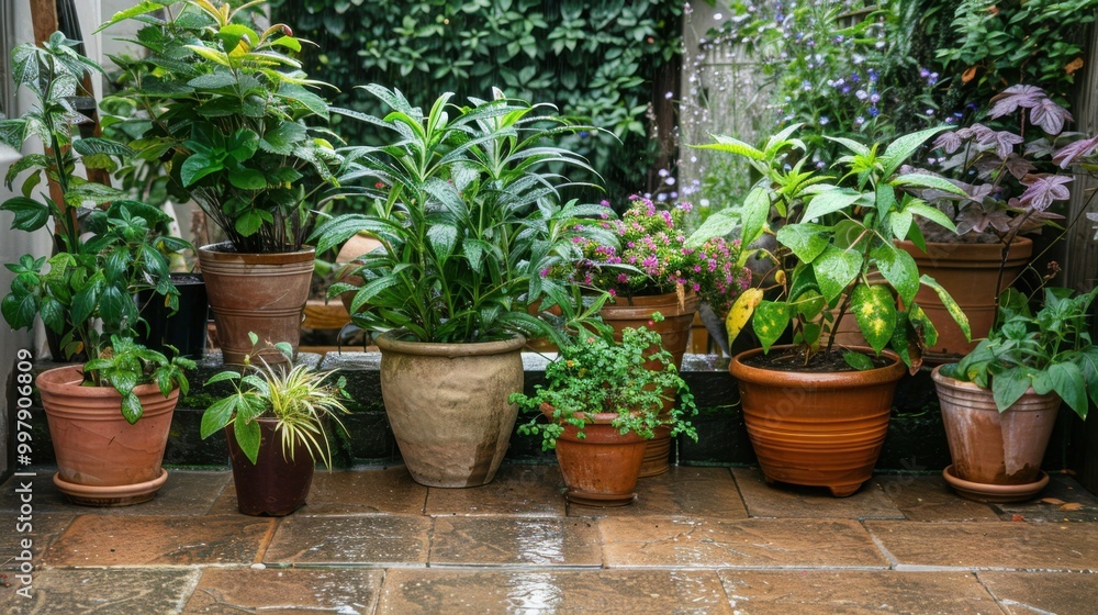 Lush Green Potted Plants on Rainy Day Balcony Lush Green Potted Plants on Rainy Day Balcony