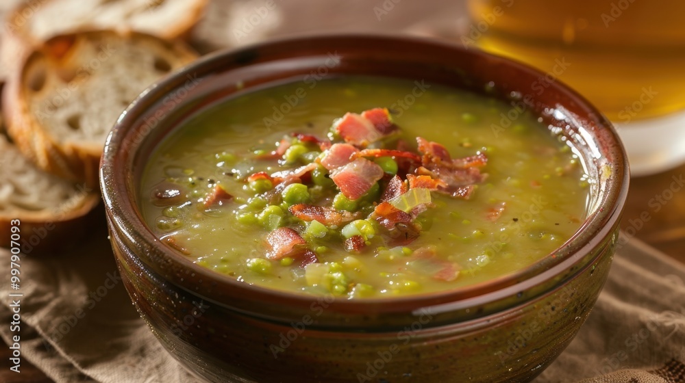 Hearty Pea Soup with Bacon in Rustic Bowl with Bread on the Side Hearty Pea Soup with Bacon in Rustic Bowl with Bread on the Side