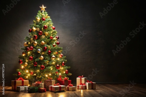 festive Christmas tree and gifts on dark background photo