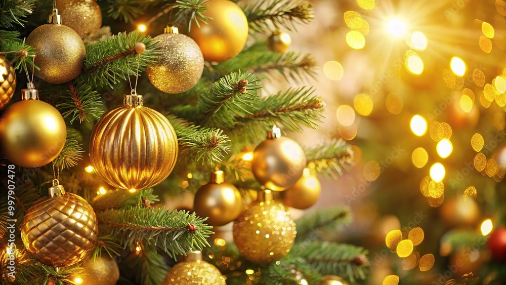 festive Christmas tree with golden baubles and ornaments festive Christmas tree with golden baubles and ornaments