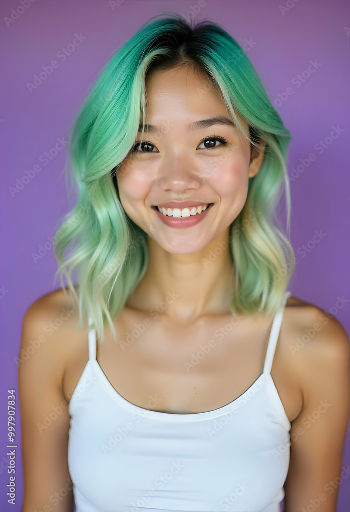 A young asian woman with short wavy green hair smiling against a purple background A young asian woman with short wavy green hair smiling against a purple background
