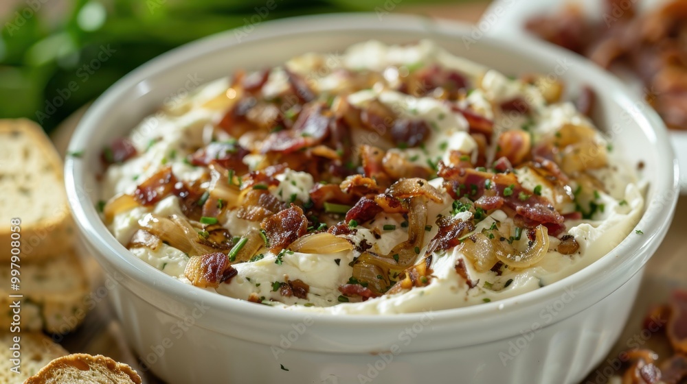 Hearty Bacon Dip in Wooden Bowl with Sliced Bread Hearty Bacon Dip in Wooden Bowl with Sliced Bread
