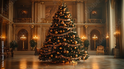 A glamorous Christmas tree adorned with shimmering gold ornaments, metallic tinsel, and delicate gold ribbons, set in an opulent living room with a grand chandelier,