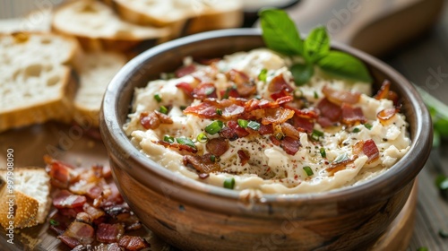 Hearty Bacon Dip in Wooden Bowl with Sliced Bread