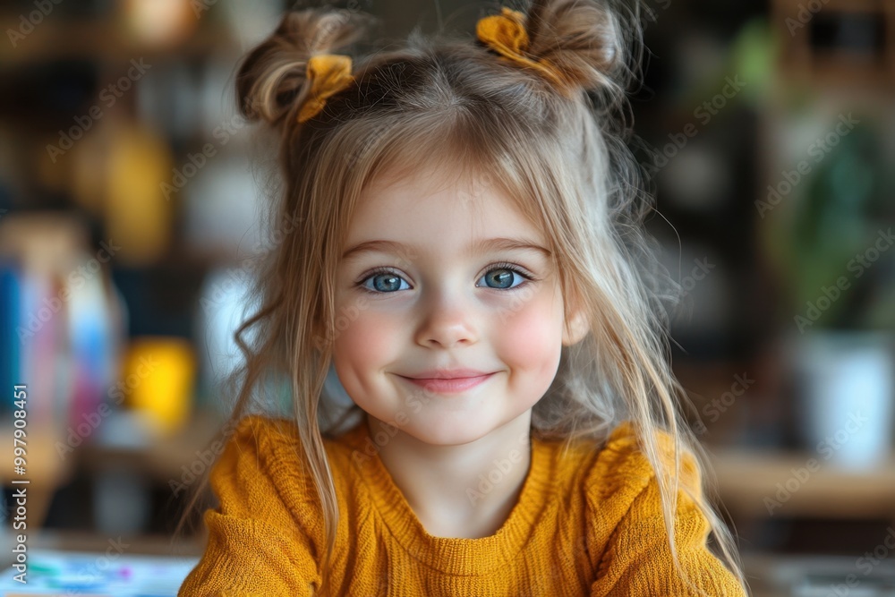 Smiling Young Girl with Blue Eyes at Indoor Setting Smiling Young Girl with Blue Eyes at Indoor Setting