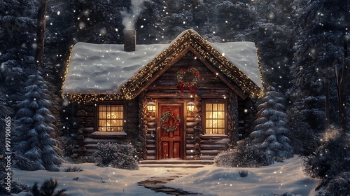 A cozy cabin in the woods with a Christmas wreath on the door