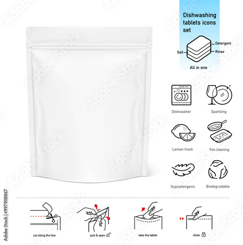 Realistic stand up pouch bag with zip lock mockup with set icons for dishwasher tabs. Front view. Vector illustration isolated on white background. Ready for your design. EPS10.