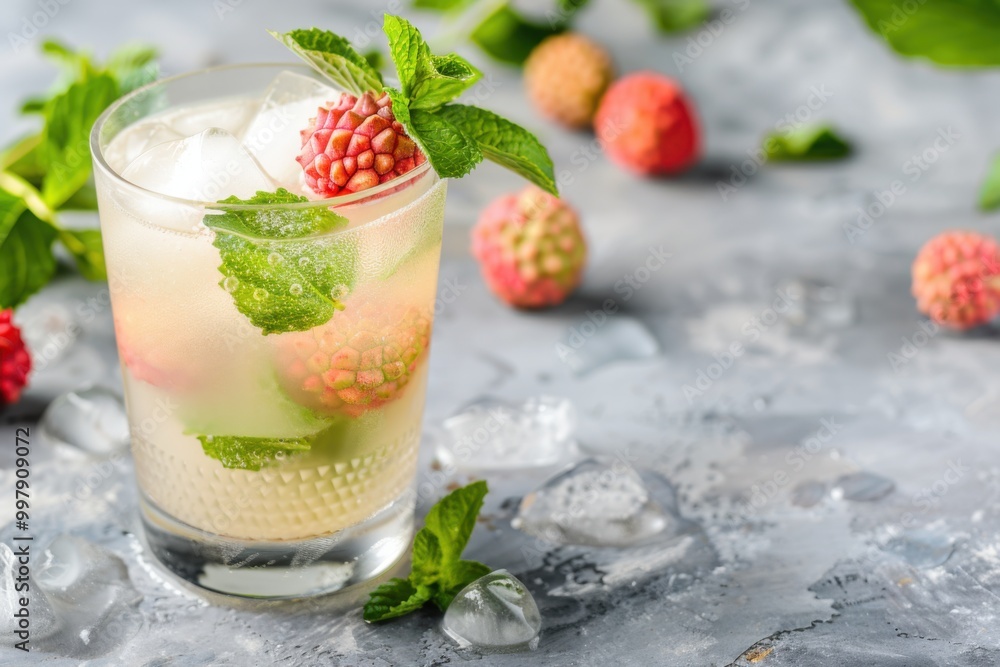 Lychee mojito with lychee fruit and mint, served in a cocktail glass, Asian market background Lychee mojito with lychee fruit and mint, served in a cocktail glass, Asian market background