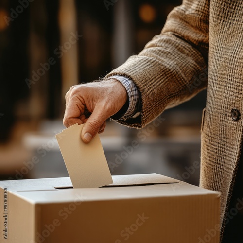 A man's hand casts a ballot into a voting box.