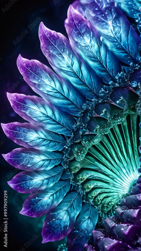 Vibrant close-up of an intricate, stylized plant featuring vivid purple and blue leaves with iridescent details, captured in a dark setting Vibrant close-up of an intricate, stylized plant featuring vivid purple and blue leaves with iridescent details, captured in a dark setting