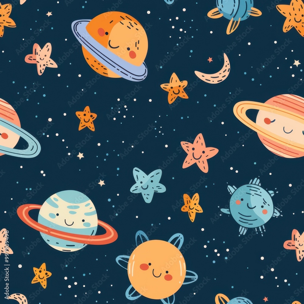 Cheerful Cartoon Planets and Stars on Navy Background Cheerful Cartoon Planets and Stars on Navy Background