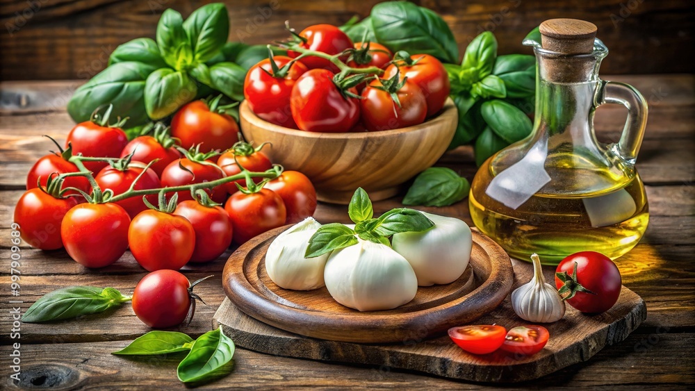 Fresh Tomatoes and Mozzarella Cheese Salad with Basil and Olive Oil on a Rustic Wooden Table Fresh Tomatoes and Mozzarella Cheese Salad with Basil and Olive Oil on a Rustic Wooden Table