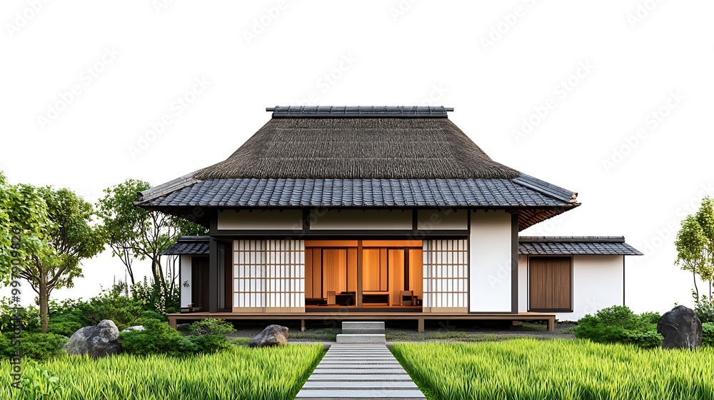 Obraz premium Traditional Japanese House with a Thatched Roof and Garden