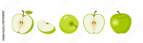 Green apple set. Fresh apple fruits whole, half and slice. Vector cartoon flat illustration. Fruits icon. 