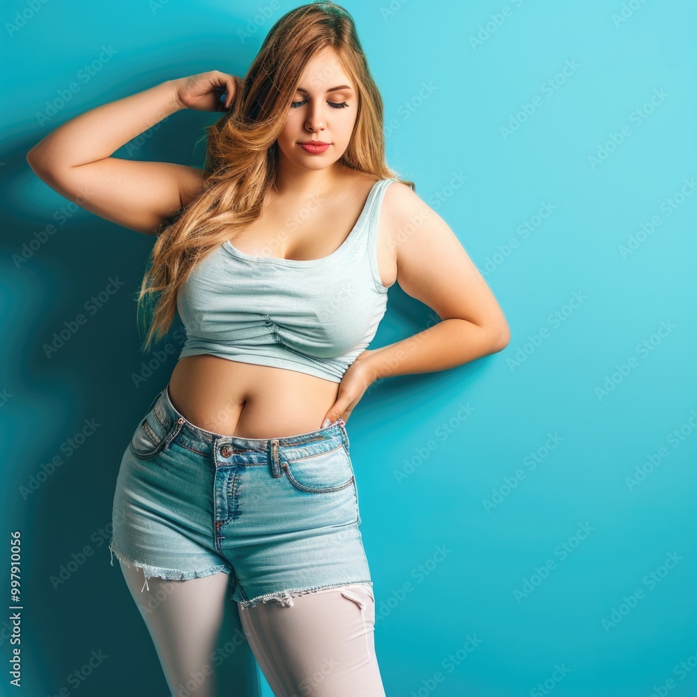 Fototapeta premium Loss Weight. Caucasian Woman in Loose Clothes showcasing Weight Loss Transformation