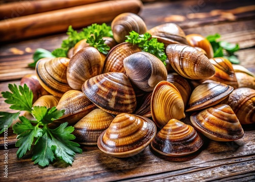 Freshly harvested clams on a wooden surface ready for cooking and seafood dishes in the kitchen photo