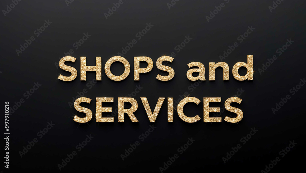 Shops and Services word lettering with glitter gold shining effect on plain black background Shops and Services word lettering with glitter gold shining effect on plain black background