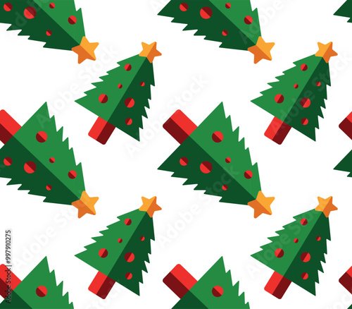 Festive seamless pattern featuring geometric Christmas trees with stars on top. The trees are decorated with red ornaments and placed against a white background, ideal for holiday-themed designs photo