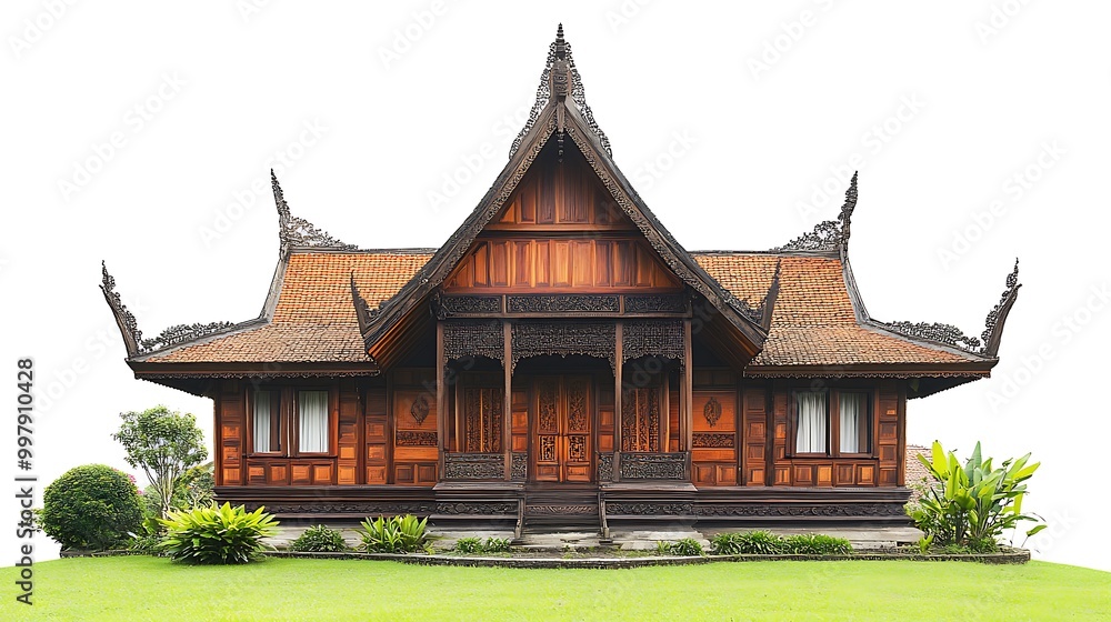 Obraz premium Traditional Thai Wooden House with Ornate Carvings