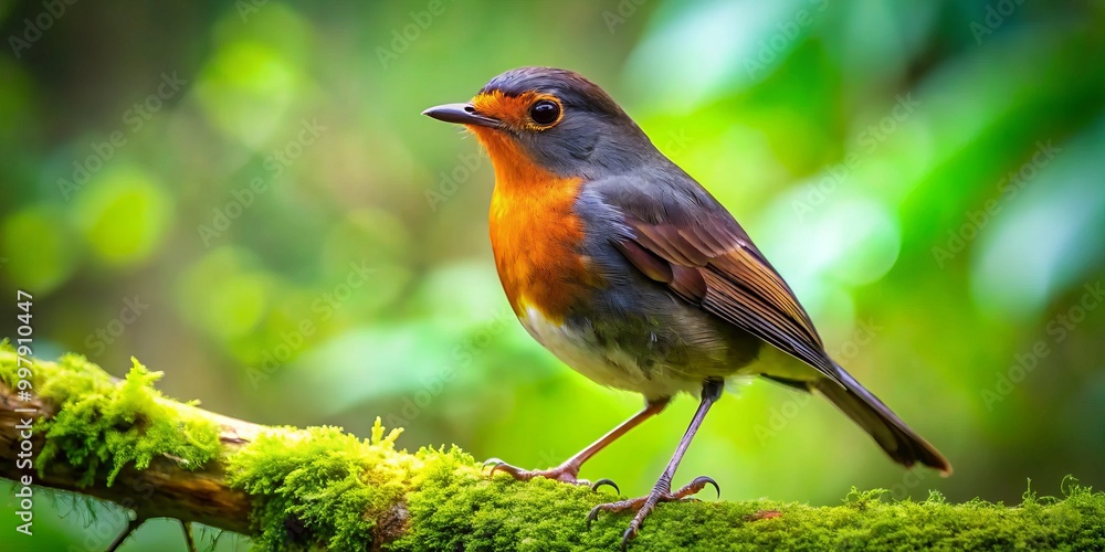 Fototapeta premium A Black Robin rests gracefully on a branch amidst a vibrant green forest, displaying its exquisite plumage and
