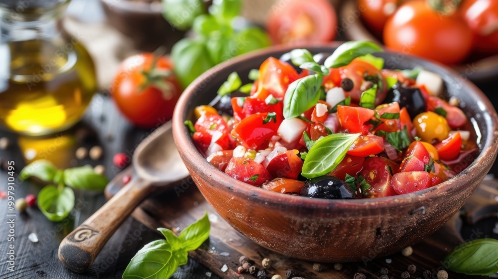 Fresh Tomato Basil Salad in Rustic Bowl on Dark Background Fresh Tomato Basil Salad in Rustic Bowl on Dark Background