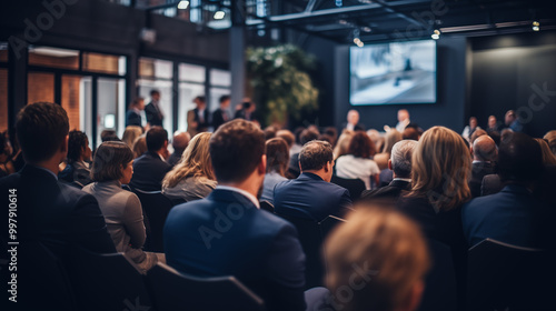 businessmen and businesswomen in conference room, listening to the speakers which is on stage attentively 