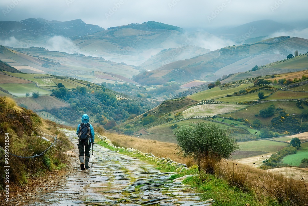 Obraz premium Solo hiker explores misty mountainous landscape on trail