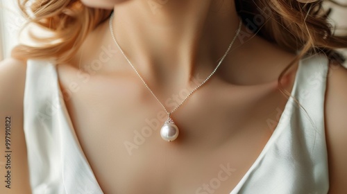 Elegant Pearl Necklace on Woman Close-up