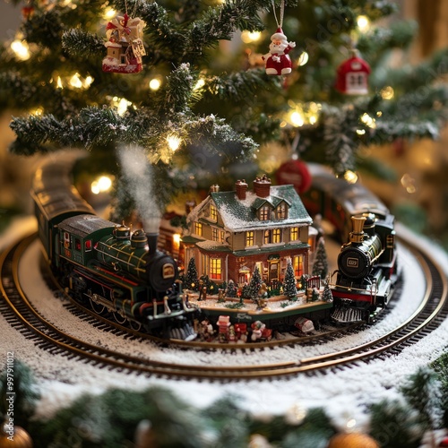 A miniature train set circles a snowy village scene under a Christmas tree.