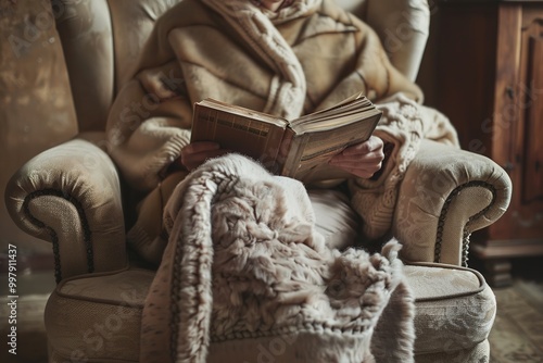 Person in cozy armchair reading, sense of calm