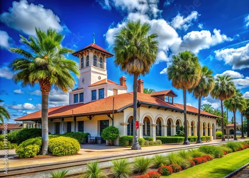 Historic Sanford Amtrak Station Building Surrounded by Lush Greenery and Clear Blue Skies in Florida photo