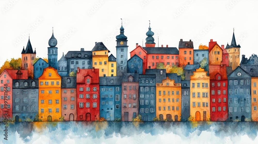 Fototapeta premium Whimsical Watercolor Townscape with Sunset and Birds