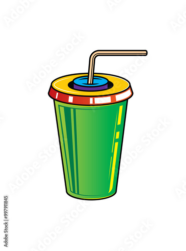 Fast food plastic cup with straw. Hot or cold drink. Original vector illustration in vintage style.